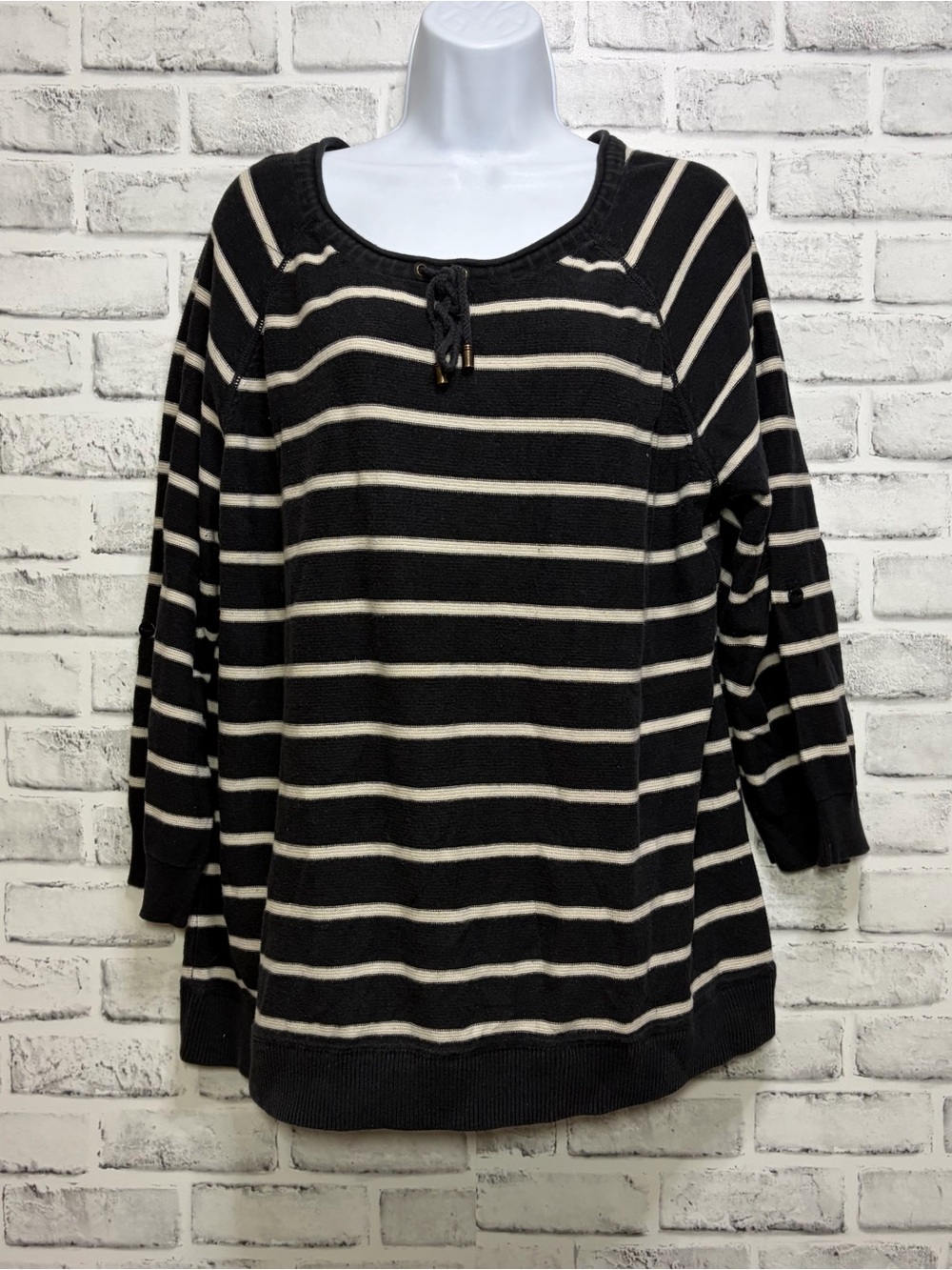 AJ Andrea Jovine Roll Tab Sleeves Striped Pullover Sweater 2X